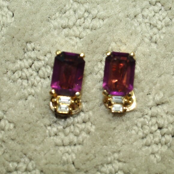 Vtg Christian Dior Simulated Amethyst Rhinestone Clip On Earrings 1980s Signed - Picture 1 of 6